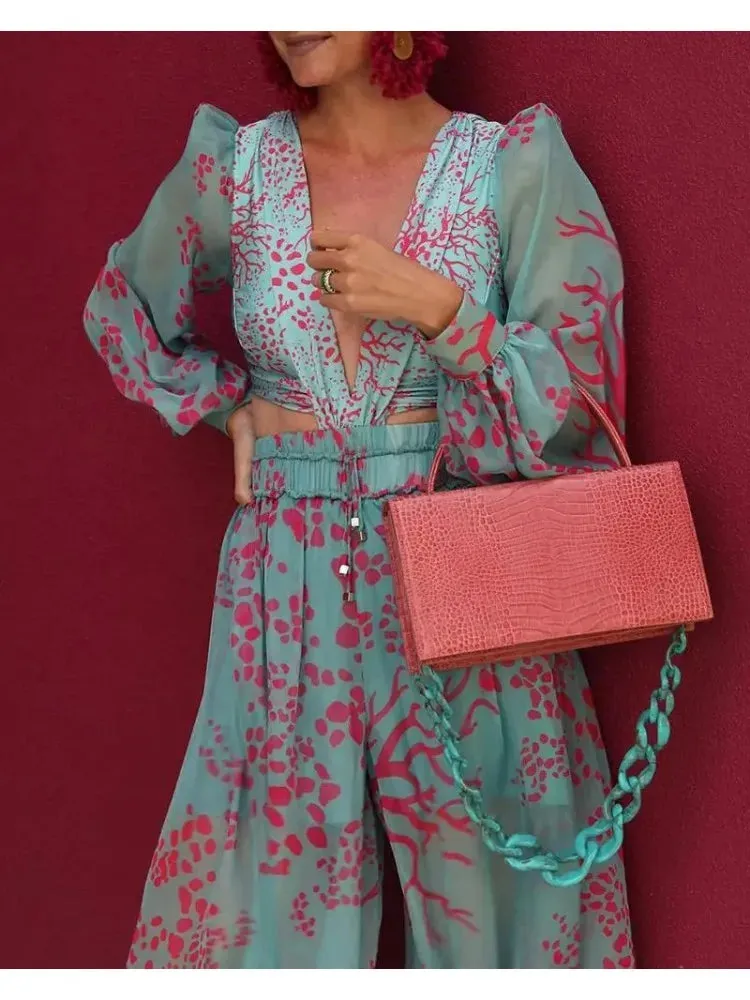 UAKISS  -  Elegant V-Neck Jumpsuit Women Spring Autumn Long Sleeve Loose Playsuit Overalls Woman Flower Print Pocket Rompers Wide Leg Pant