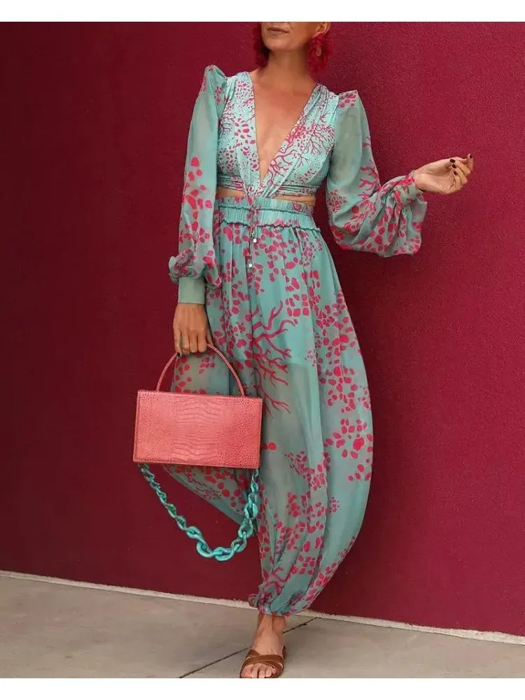 UAKISS  -  Elegant V-Neck Jumpsuit Women Spring Autumn Long Sleeve Loose Playsuit Overalls Woman Flower Print Pocket Rompers Wide Leg Pant