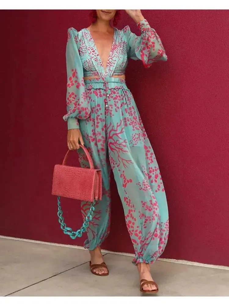 UAKISS  -  Elegant V-Neck Jumpsuit Women Spring Autumn Long Sleeve Loose Playsuit Overalls Woman Flower Print Pocket Rompers Wide Leg Pant